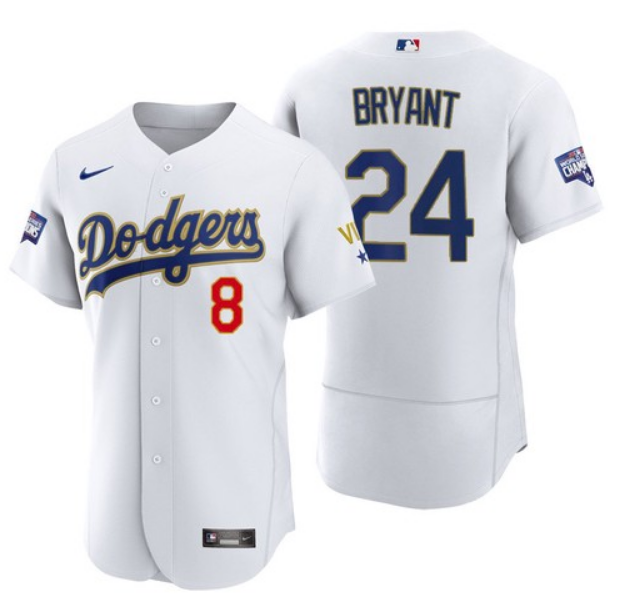 Mens Los Angeles Dodgers Front 8 Back 24 Kobe Bryant White Gold Championship Sttiched Mlb Jersey