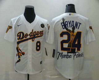 Mens Los Angeles Dodgers Front 8 Back 24 Kobe Bryant White With Kb Patch Cool Base Stitched Mlb Fashion Jersey