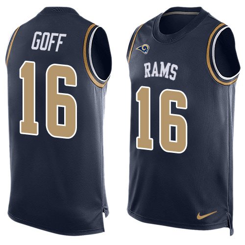 Mens Los Angeles Rams 16 Jared Goff Navy Blue Hot Pressing Player Name Number Nike Nfl Tank Top Jersey