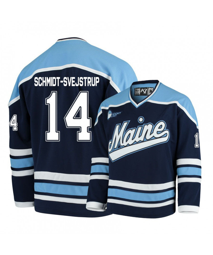 Men's Maine Black Bears 14 Jacob Schmidt-Svejstrup Navy Blue Hockey Jersey
