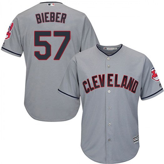 Mens Majestic 57 Shane Bieber Cleveland Indians Replica Gray Cool Base Road Jersey