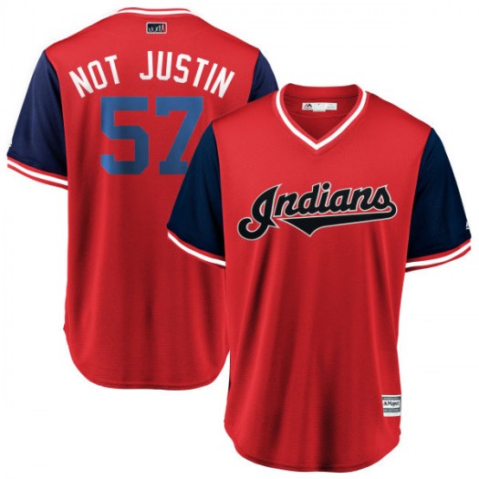 Mens Majestic 57 Shane Bieber Cleveland Indians Replica Red Navy Not Justin 2018 Players Weekend Cool Base Jersey