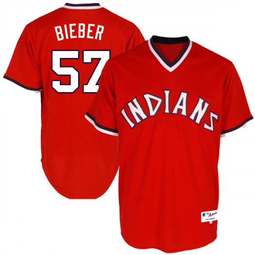 Mens Majestic 57 Shane Bieber Cleveland Indians Replica Red Turn Back The Clock Jersey