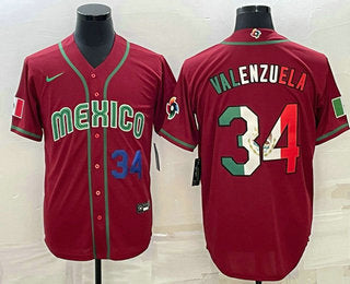 Mens Mexico Baseball 34 Fernando Valenzuela Number 2023 Red Blue World Baseball Classic Stitched Jersey