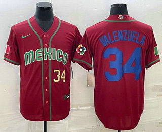 Mens Mexico Baseball 34 Fernando Valenzuela Number 2023 Red Blue World Baseball Classic Stitched Jersey2
