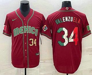 Mens Mexico Baseball 34 Fernando Valenzuela Number 2023 Red Blue World Baseball Classic Stitched Jersey3