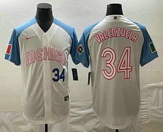 Mens Mexico Baseball 34 Fernando Valenzuela Number 2023 White Blue World Classic Stitched Jerseys