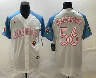 Mens Mexico Baseball 56 Randy Arozarena 2023 White Blue World Classic Stitched Jersey