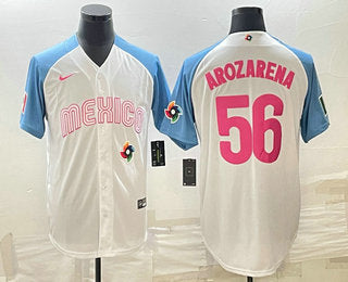 Mens Mexico Baseball 56 Randy Arozarena 2023 White Blue World Classic Stitched Jersey1