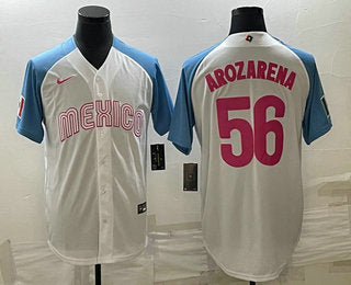Mens Mexico Baseball 56 Randy Arozarena 2023 White Blue World Classic Stitched Jersey2