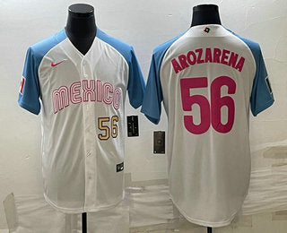 Mens Mexico Baseball 56 Randy Arozarena Number 2023 White Blue World Classic Stitched Jersey10
