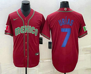 Mens Mexico Baseball 7 Julio Urias 2023 Red Blue World Baseball Classic Stitched Jersey
