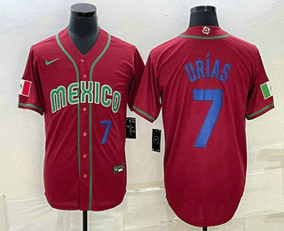 Mens Mexico Baseball 7 Julio Urias Number 2023 Red Blue World Baseball Classic Stitched Jersey