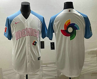 Mens Mexico Baseball Big Logo 2023 White Blue World Classic Stitched Jersey
