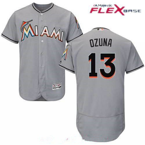 Mens Miami Marlins 13 Marcell Ozuna Gray Road Stitched Mlb Majestic Flex Base Jersey
