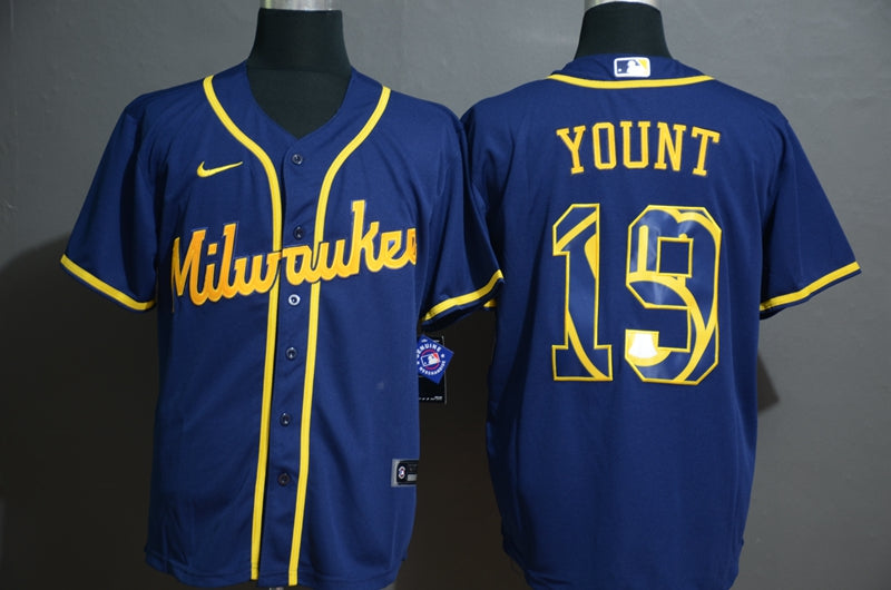 Mens Milwaukee Brewers 19 Robin Yount Blue White Team Logo Stitched Mlb Cool Base Nike Jersey