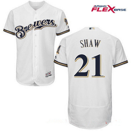 Mens Milwaukee Brewers 21 Travis Shaw All White Stitched Mlb Majestic Flex Base Jersey