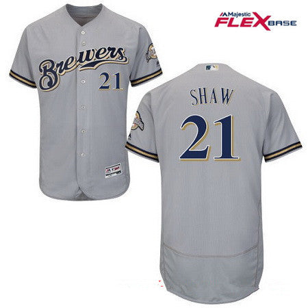 Mens Milwaukee Brewers 21 Travis Shaw Gray Road Stitched Mlb Majestic Flex Base Jersey