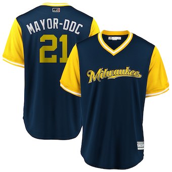 Mens Milwaukee Brewers 21 Travis Shaw Mayor ddc Majestic Navy 2018 Players Weekend Cool Base Jersey
