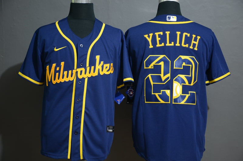 Mens Milwaukee Brewers 22 Christian Yelich Blue White Team Logo Stitched Mlb Cool Base Nike Jersey