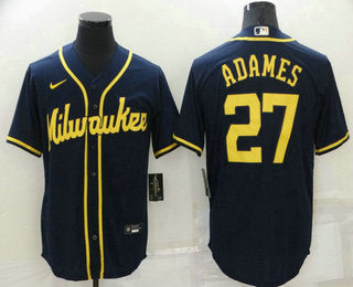 Mens Milwaukee Brewers 27 Willy Adames Navy Blue Stitched Mlb Cool Base Nike Jersey
