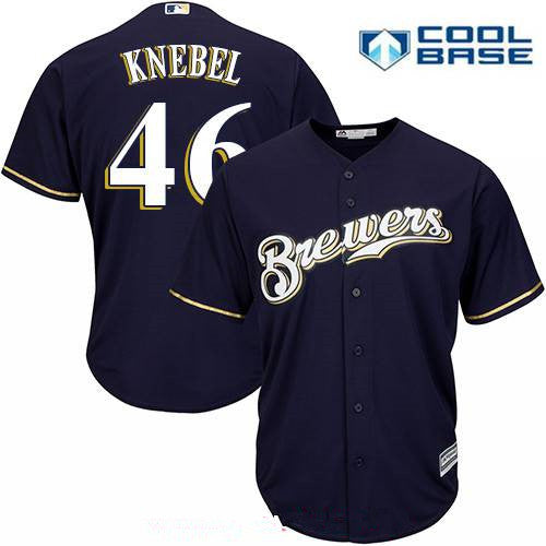 Mens Milwaukee Brewers 46 Corey Knebel Navy Blue Brewers Stitched Mlb Majestic Cool Base Jersey