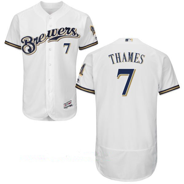 Mens Milwaukee Brewers 7 Eric Thames All White Stitched Mlb Majestic Flex Base Jersey