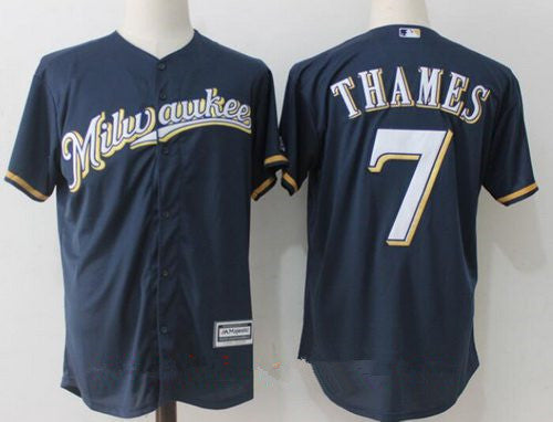 Mens Milwaukee Brewers 7 Eric Thames Navy Blue Milwaukee Stitched Mlb Majestic Cool Base Jersey