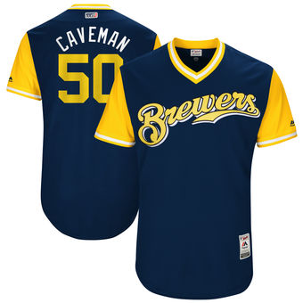 Mens Milwaukee Brewers Jacob Barnes Caveman Majestic Navy 2017 Players Weekend Authentic Jersey