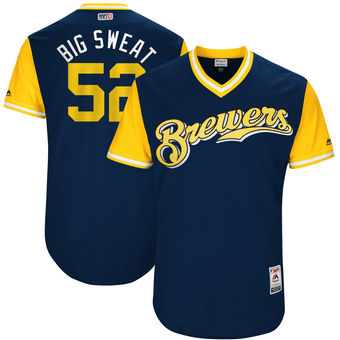 Mens Milwaukee Brewers Jimmy Nelson Big Sweat Majestic Navy 2017 Players Weekend Authentic Jersey