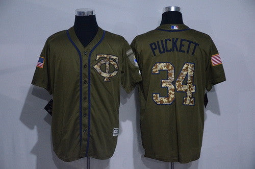Mens Minnesota Twins 34 Kirby Puckett Retired Green Salute To Service Cool Base Stitched Mlb Jersey