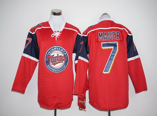 Mens Minnesota Twins 7 Joe Mauer Red Long Sleeve Baseball Jersey