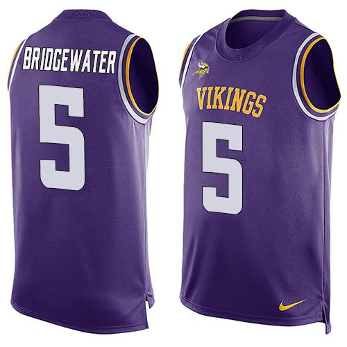 Mens Minnesota Vikings 5 Teddy Bridgewater Purple Hot Pressing Player Name Number Nike Nfl Tank Top Jersey