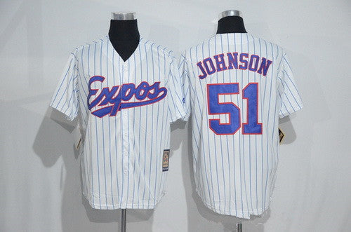 Mens Montreal Expos 51 Randy Johnson 1982 White Pinstripe Majestic Cool Base Cooperstown Collection Player Jersey