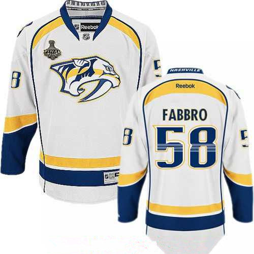 Mens Nashville Predators 58 Dante Fabbro White 2017 Stanley Cup Finals Patch Stitched Nhl Reebok Hockey Jersey