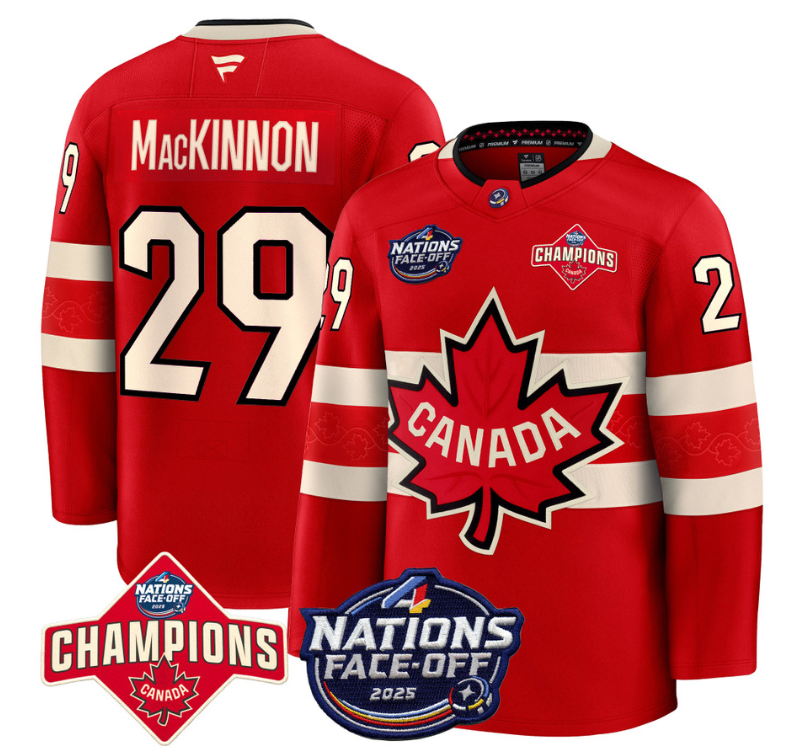 Men's Nathan MacKinnon Jersey #29 Canada 4 Nations Face-Off 2025 Champions Red
