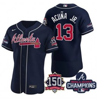 Mens Navy Atlanta Braves 13 Ronald Acuna Jr 2021 World Series Champions With 150th Anniversary Flex Base Stitched Jersey
