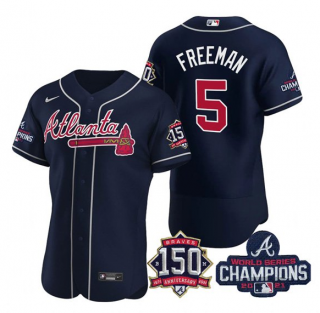 Mens Navy Atlanta Braves 5 Freddie Freeman 2021 World Series Champions With 150th Anniversary Flex Base Stitched Jersey