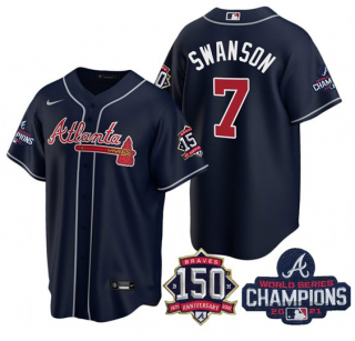 Mens Navy Atlanta Braves 7 Dansby Swanson 2021 World Series Champions With 150th Anniversary Patch Cool Base Stitched Jersey