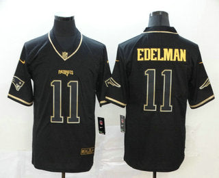 Mens New England Patriots 11 Julian Edelman Black 100th Season Golden Edition Jersey