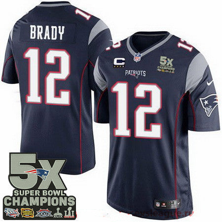 Mens New England Patriots 12 Tom Brady Navy Blue C Patch Five Super Bowl Champs 5x Champions Stitched Nfl Nike Game Jersey