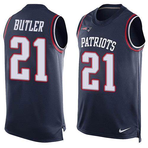 Mens New England Patriots 21 Malcolm Butler Navy Blue Hot Pressing Player Name Number Nike Nfl Tank Top Jersey