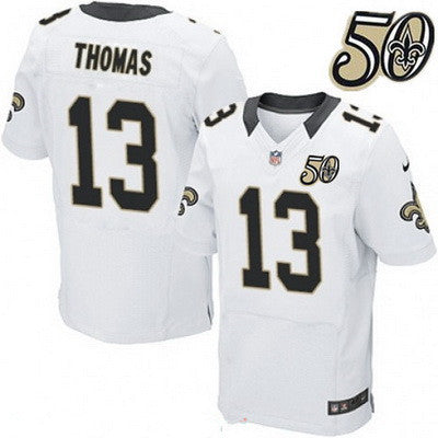 Mens New Orleans Saints 13 Michael Thomas White 50th Season Patch Stitched Nfl Nike Elite Jersey