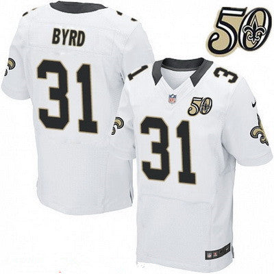 Mens New Orleans Saints 31 Jairus Byrd White 50th Season Patch Stitched Nfl Nike Elite Jersey
