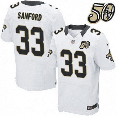 Mens New Orleans Saints 33 Jamarca Sanford White 50th Season Patch Stitched Nfl Nike Elite Jersey