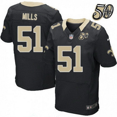 Mens New Orleans Saints 51 Sam Mills Black 50th Season Patch Stitched Nfl Nike Elite Jersey