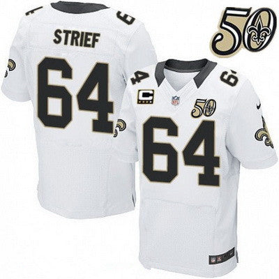 Mens New Orleans Saints 64 Zach Strief Elite White 50th Season Patch Stitched Nfl Nike Elite Jersey With C Patch