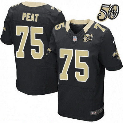 Mens New Orleans Saints 75 Andrus Peat Black 50th Season Patch Stitched Nfl Nike Elite Jersey