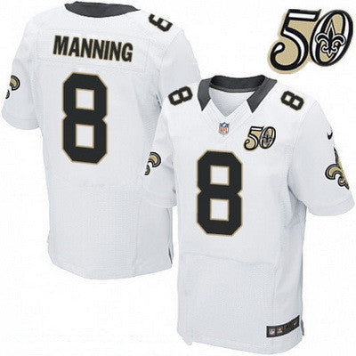 Mens New Orleans Saints 8 Archie Manning White 50th Season Patch Stitched Nfl Nike Elite Jersey