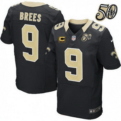 Mens New Orleans Saints 9 Drew Brees Black 50th Season Patch Stitched Nfl Nike Elite Jersey With C Patch